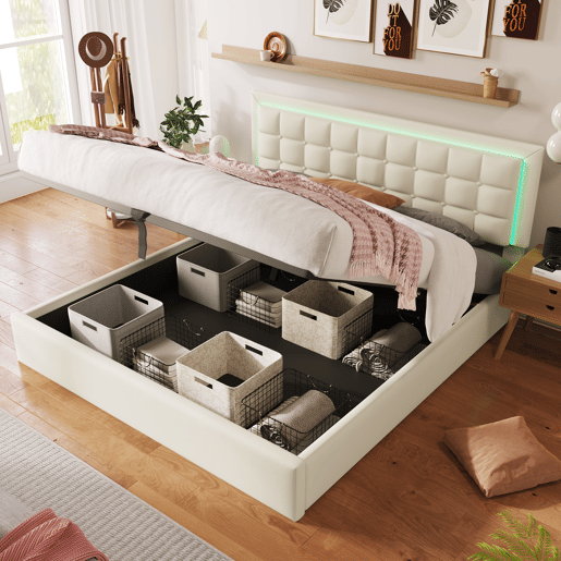 Cama contentora 140x200cm com LED em imitação de pele - com estrado - Branco