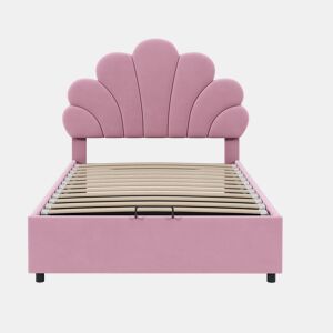 Cama estofada em veludo com arrumação - 90x200cm - Cabeceira em flor - Estrado de ripas - Rosa