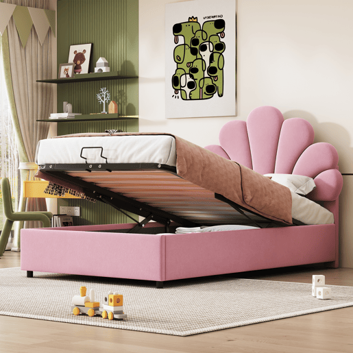 Cama estofada em veludo com arrumação - 90x200cm - Cabeceira em flor - Estrado de ripas - Rosa Cama estofada em veludo com arrumação - 90x200cm - Cabeceira em flor - Estrado de ripas - Rosa