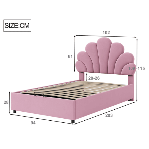Cama estofada em veludo com arrumação - 90x200cm - Cabeceira em flor - Estrado de ripas - Rosa Cama estofada em veludo com arrumação - 90x200cm - Cabeceira em flor - Estrado de ripas - Rosa