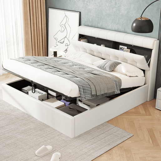 Cama de couro sintético 160x200 cm com mola de caixa - branco - Cabeceira com mola de caixa - Branco