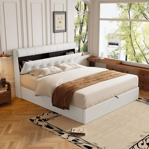 Cama de couro sintético 160x200 cm com mola de caixa - branco - Cabeceira com mola de caixa - Branco