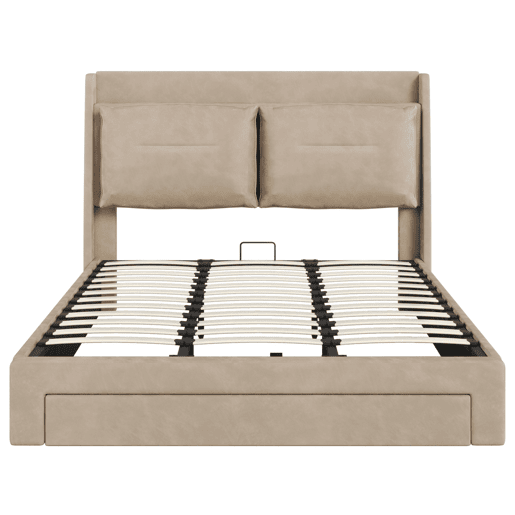 Sofá-cama estofado em veludo - 180x200 cm - 2 gavetas ao pé da cama - Fita LED embutida ao pé da cama - Bege (sem colchão)