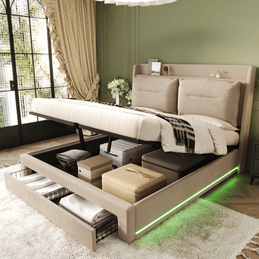 Sofá-cama estofado em veludo - 180x200 cm - 2 gavetas ao pé da cama - Fita LED embutida ao pé da cama - Bege (sem colchão)