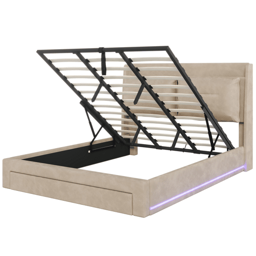 Sofá-cama estofado em veludo - 180x200 cm - 2 gavetas ao pé da cama - Fita LED embutida ao pé da cama - Bege (sem colchão)