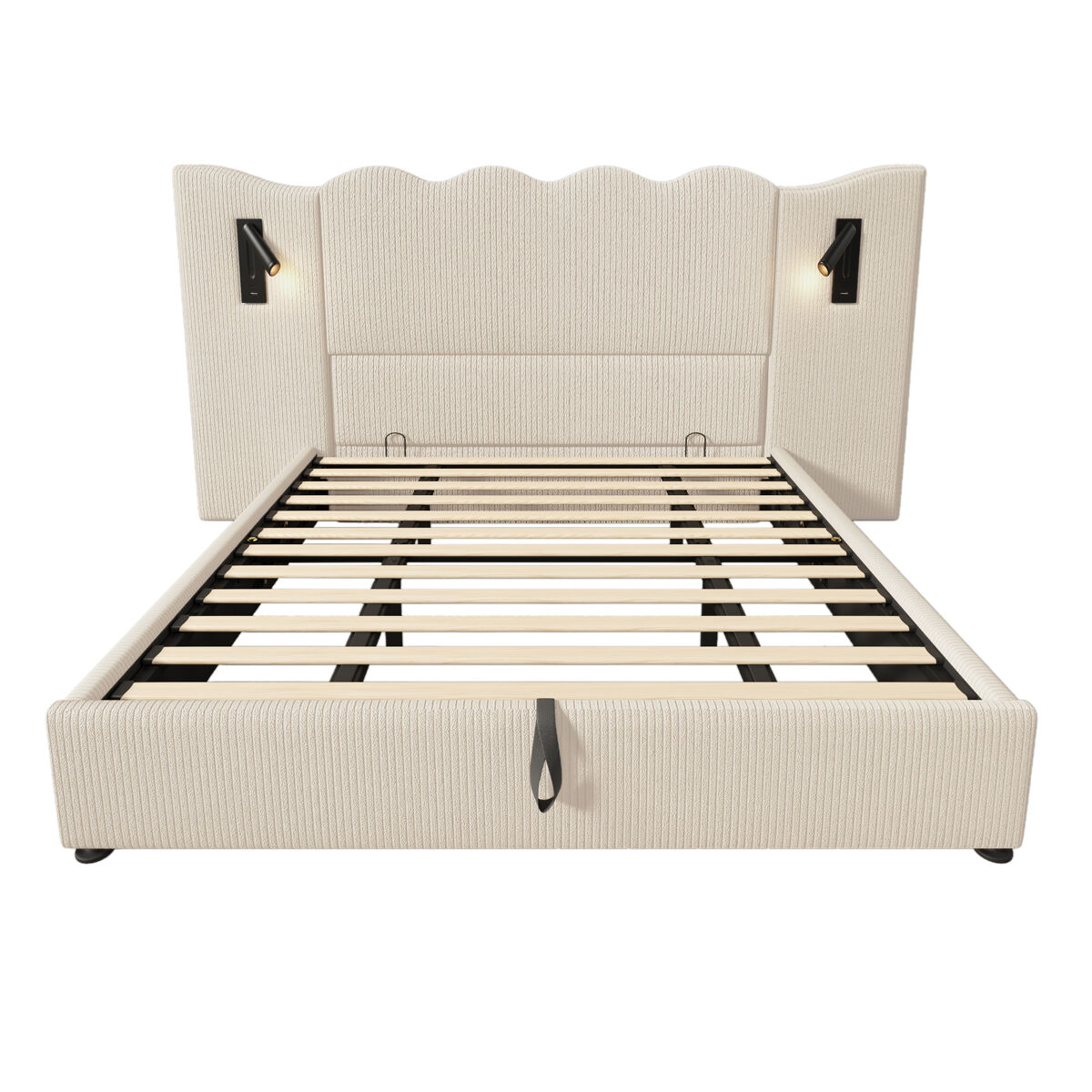 Cama contenedor 180x200 cm de pana - con luz de lectura y función de carga - con somier - beige