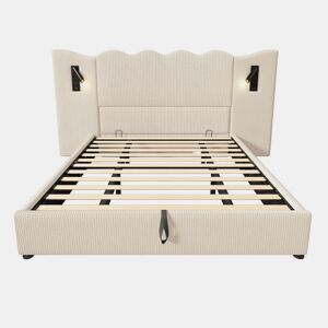 Cama contentora 180x200 cm em veludo cotelê - com luz de leitura e função de carregamento - com mola de caixa - Bege
