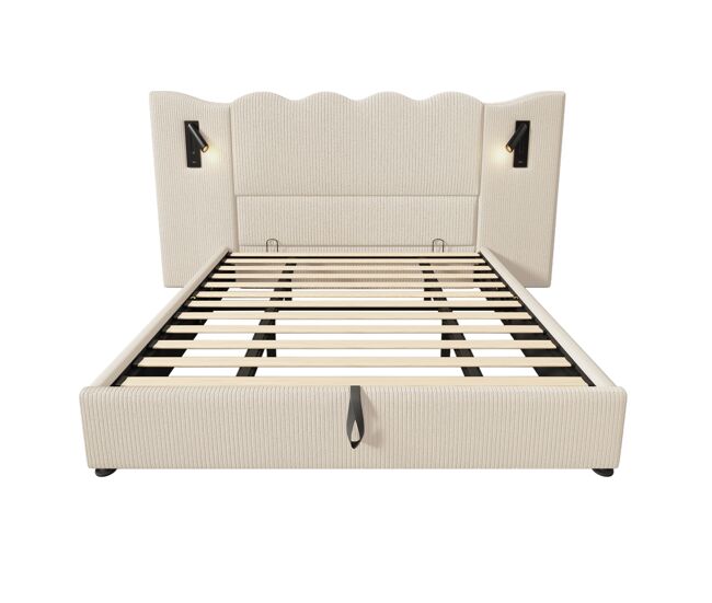 Cama contenedor 180x200 cm de pana - con luz de lectura y función de carga - con somier - beige