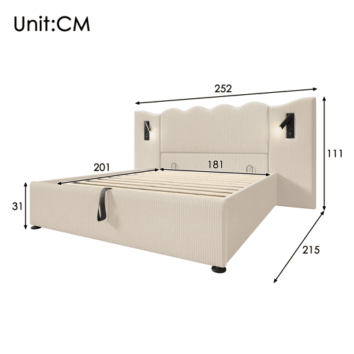 Cama contentora 180x200 cm em veludo cotelê - com luz de leitura e função de carregamento - com mola de caixa - Bege