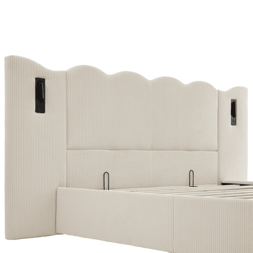 Cama contentora 180x200 cm em veludo cotelê - com luz de leitura e função de carregamento - com mola de caixa - Bege