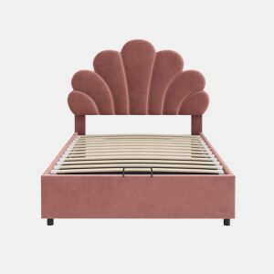 Cama para arrumação estofada em veludo - 90x200cm - cabeceira em forma de flor - com estrado de ripas - Vermelho