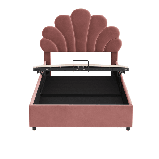 Cama para arrumação estofada em veludo - 90x200cm - cabeceira em forma de flor - com estrado de ripas - Vermelho