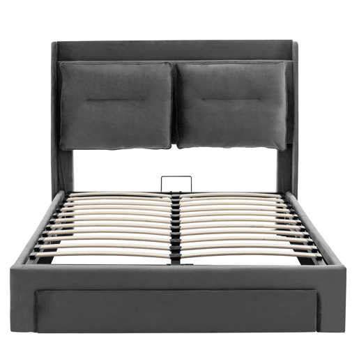 Sofá-cama estofado em veludo - 140x190 cm - 2 gavetas ao pé da cama - Fita LED embutida ao pé da cama - Cinzento (sem colchão)