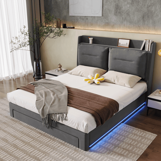 Sofá-cama estofado em veludo - 140x190 cm - 2 gavetas ao pé da cama - Fita LED embutida ao pé da cama - Cinzento (sem colchão)
