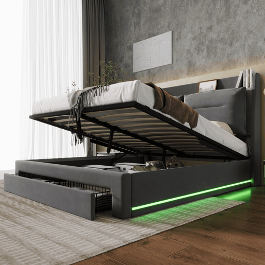 Sofá-cama estofado em veludo - 140x190 cm - 2 gavetas ao pé da cama - Fita LED embutida ao pé da cama - Cinzento (sem colchão)