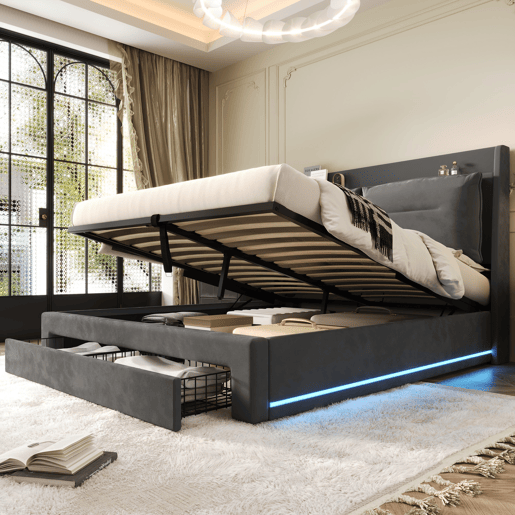 Sofá-cama estofado em veludo - 140x190 cm - 2 gavetas ao pé da cama - Fita LED embutida ao pé da cama - Cinzento (sem colchão)