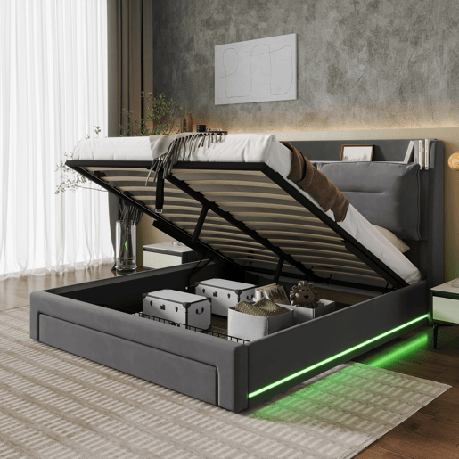 Sofá-cama estofado em veludo - 140x190 cm - 2 gavetas ao pé da cama - Fita LED embutida ao pé da cama - Cinzento (sem colchão)