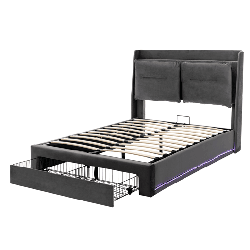 Sofá-cama estofado em veludo - 140x190 cm - 2 gavetas ao pé da cama - Fita LED embutida ao pé da cama - Cinzento (sem colchão)