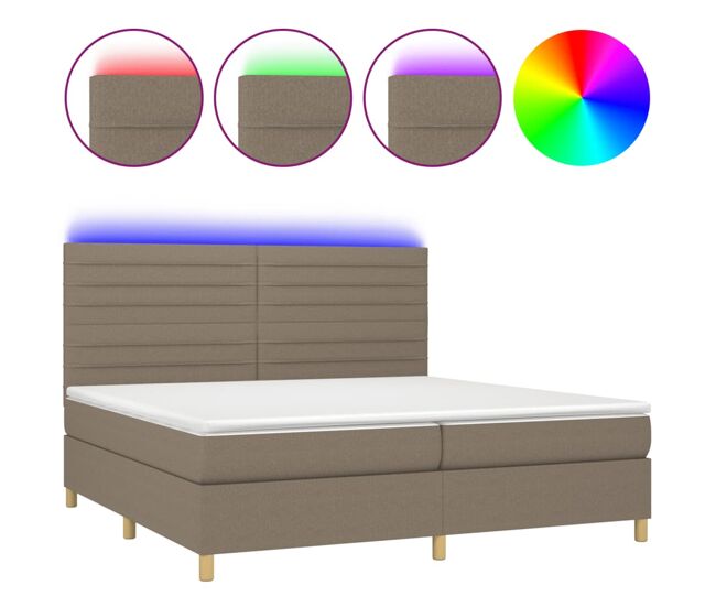 Cama box spring colchón y luces led tela gris taupe 200x200 cm rayas horizontales