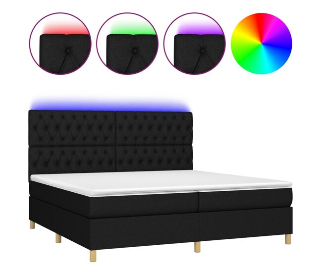 Cama box spring colchón y luces led tela negro 200x200 cm diseño de botones