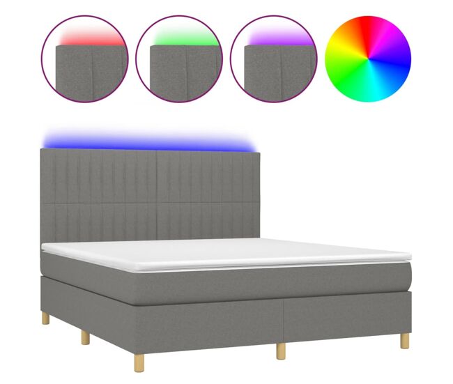 Cama box spring colchón y luces led tela gris oscuro 160x200 cm rayas verticales