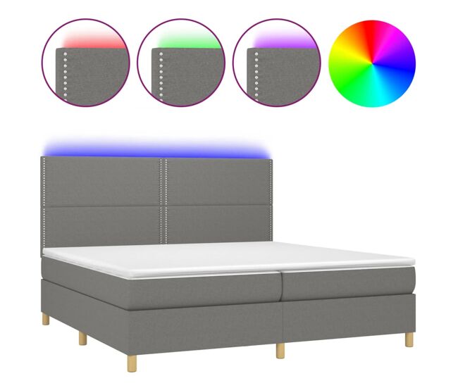 Cama box spring colchón y luces led tela gris claro 200x200 cm liso con clavos