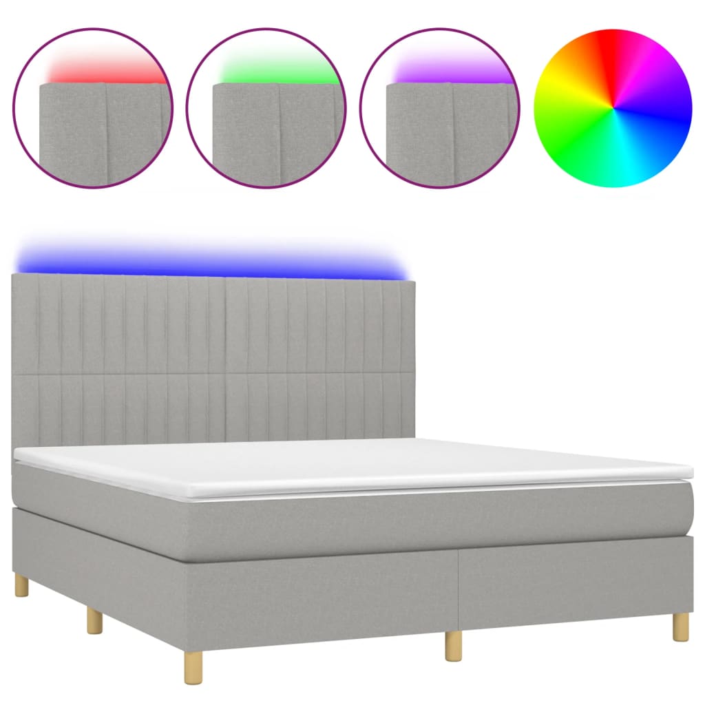 Cama box spring colchón y luces led tela gris claro 180x200 cm rayas verticales