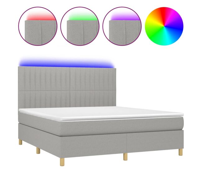 Cama box spring colchón y luces led tela gris claro 180x200 cm rayas verticales