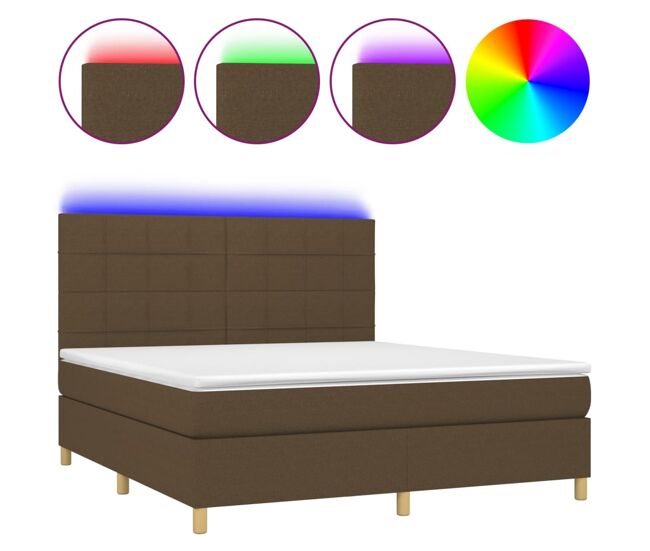 Cama box spring colchón luces led tela marrón oscuro 180x200cm bloques con cuadros
