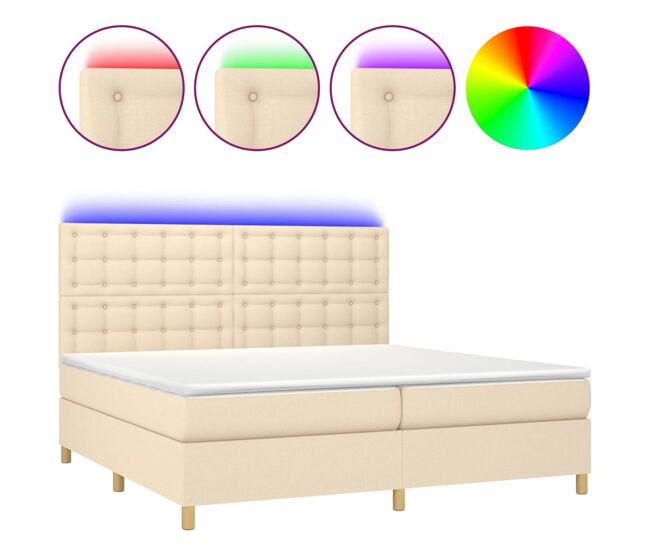 Cama box spring colchón y luces led tela crema 200x200 cm botones