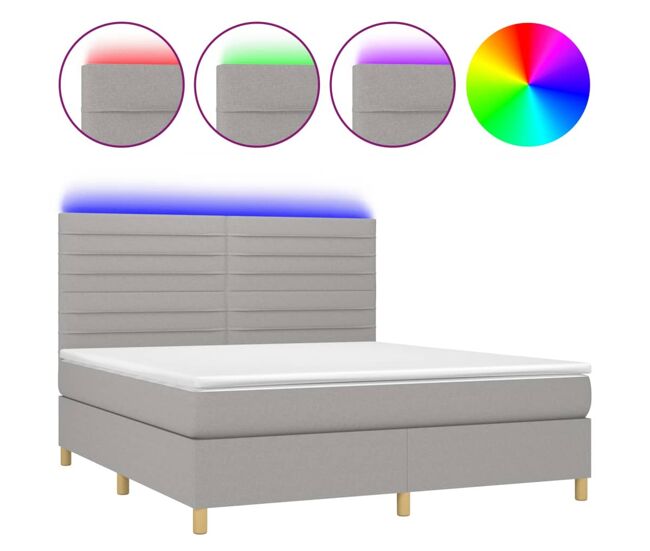 Cama box spring colchón y luces led tela gris claro 180x200 cm rayas horizontales