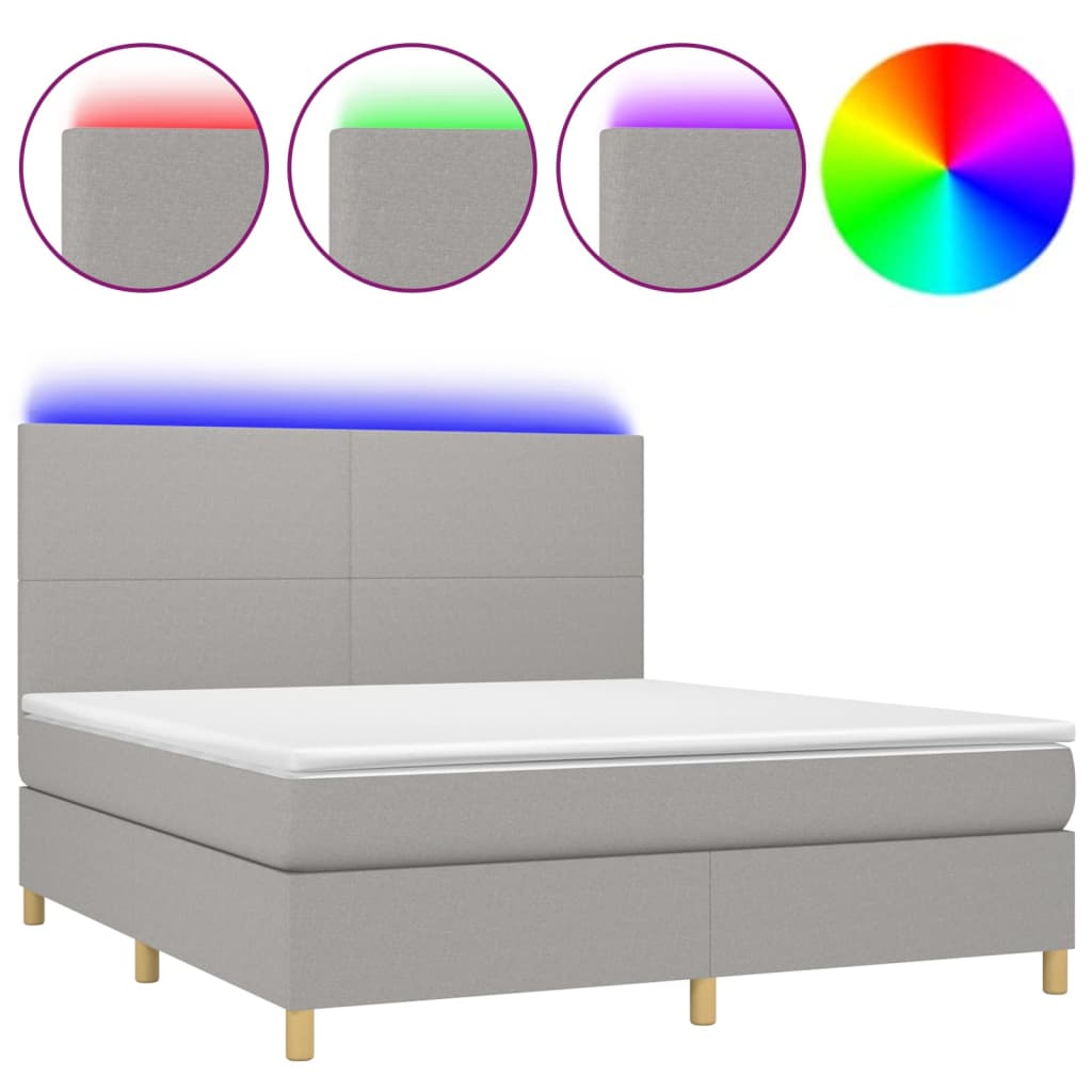 Cama box spring colchón y luces led tela gris claro 160x200 cm diseño plano
