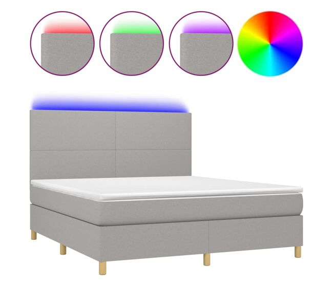 Cama box spring colchón y luces led tela gris claro 160x200 cm diseño plano