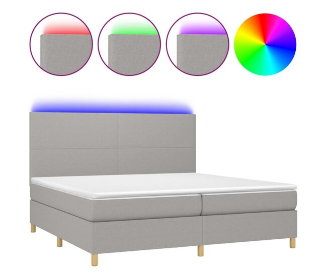 Cama box spring con colchón tela y led gris claro 200x200 cm diseño plano