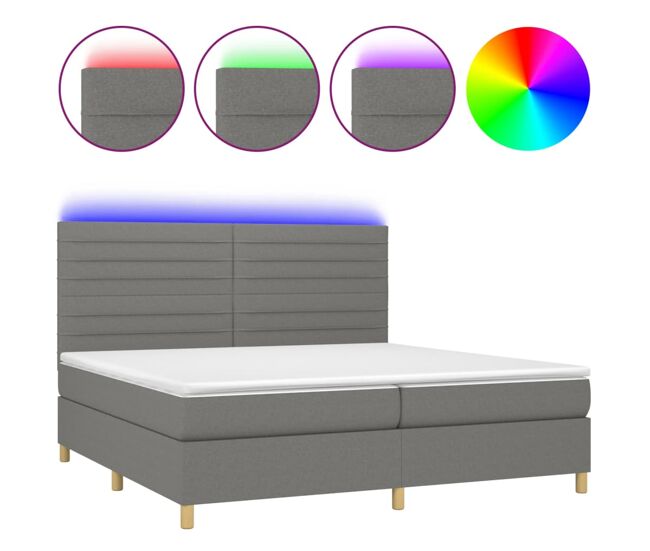Cama box spring colchón y luces led tela gris claro 200x200 cm rayas horizontales