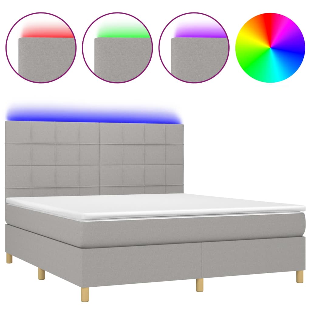 Cama box spring colchón y luces led tela gris claro 160x200 cm bloques con cuadros