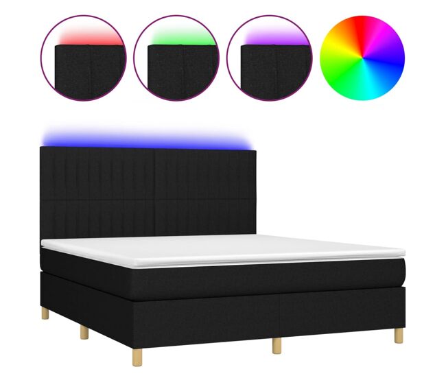 Cama box spring colchón y luces led tela negro 180x200 cm rayas verticales