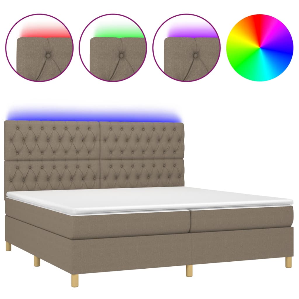 Cama box spring colchón y luces led tela gris taupe 200x200 cm diseño de botones