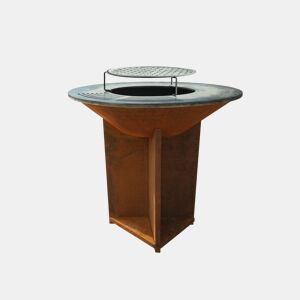 Grande churrasqueira de aço preto com chapa de aço e grelha. Churrasqueira grande (100cm de diâmetro