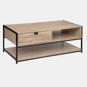 Mesa de Centro Aliaj com 1 Gaveta, Aço Estilo Industrial, Preto e Carvalho Claro, 100x40 cm