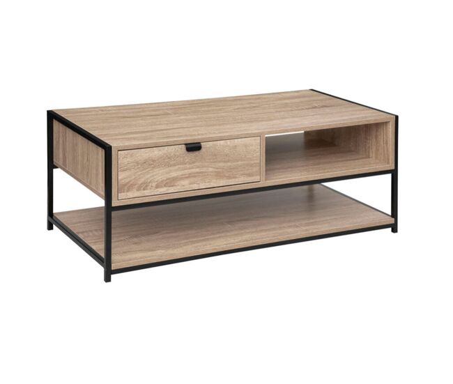 Mesa de centro aliaj con 1 cajón acero estilo industrial negro y roble claro 100x40 cm