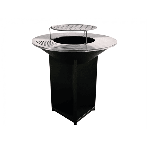 Grande churrasqueira de aço preto com chapa de aço e grelha. Churrasqueira grande (100cm de diâmetro)