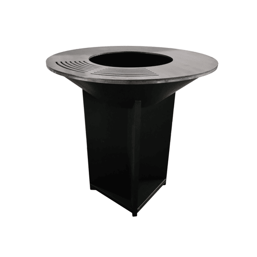 Grande churrasqueira de aço preto com chapa de aço e grelha. Churrasqueira grande (100cm de diâmetro)