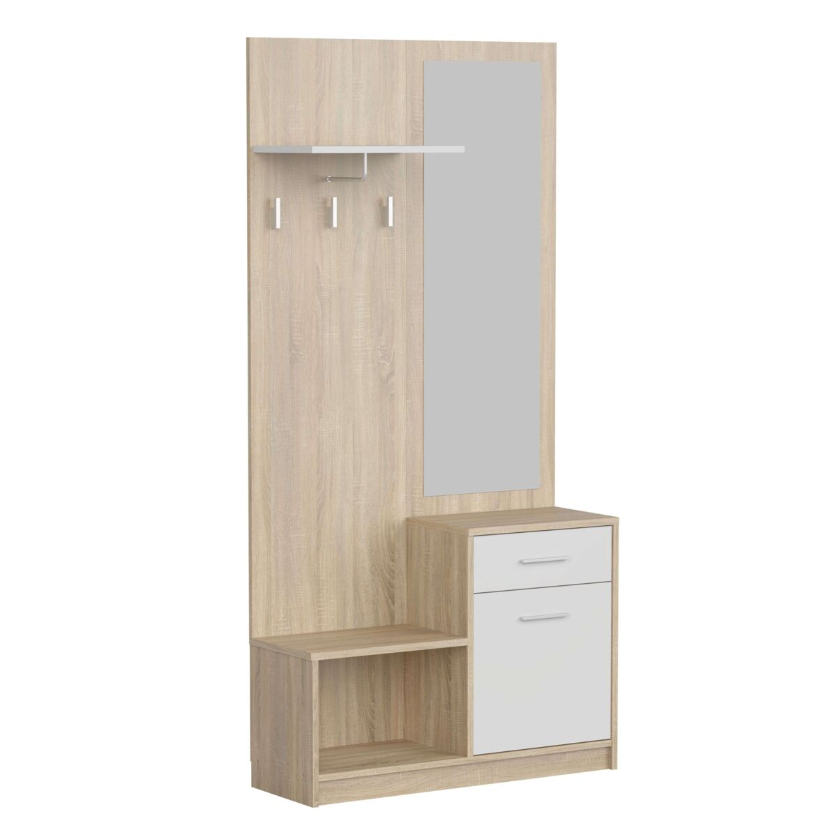 Mueble recibidor con espejo sett 1 cajon 1 puerta 1 estante 1 hueco abierto color blanco y roble cambrian 90 cm