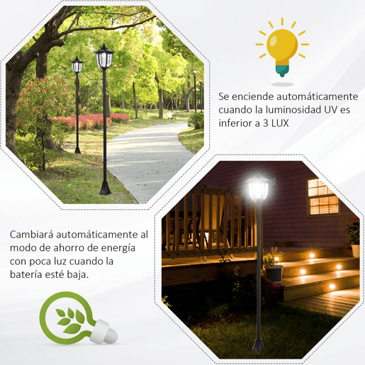 Outsunny Conjunto de 2 Candeeiros Solares com Painel Solar Candeeiros de Jardim com 6 LEDS Autonomia 6-8 horas para Varanda Pátio Ø26x177 cm Preto