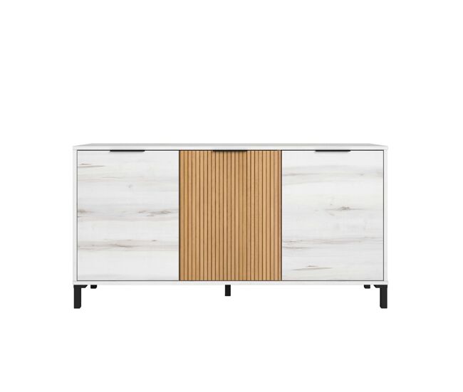 Mueble aparador de salón comedor tokio estilo nórdico en color blanco albo y roble rayado con 3 puertas 136 cm