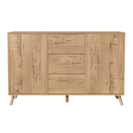 Aparador Oslo Carvalho Dourado com 3 Gavetas e 2 Portas com Portas e Gavetas de Abertura por Pressão, Carvalho Dourado, 140 cm Aparador Oslo Carvalho Dourado com 3 Gavetas e 2 Portas com Portas e Gavetas de Abertura por Pressão, Carvalho Dourado, 140 cm