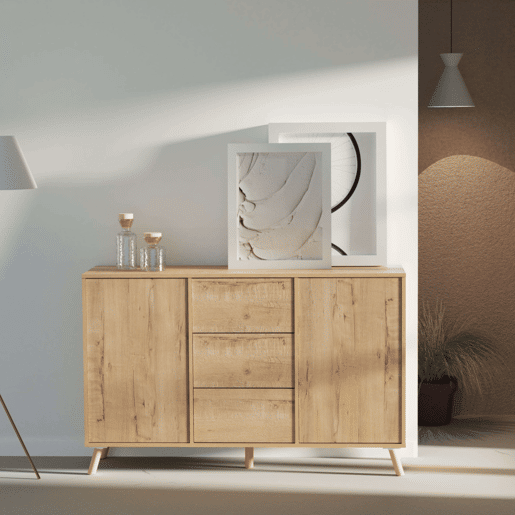 Aparador Oslo Carvalho Dourado com 3 Gavetas e 2 Portas com Portas e Gavetas de Abertura por Pressão, Carvalho Dourado, 140 cm Aparador Oslo Carvalho Dourado com 3 Gavetas e 2 Portas com Portas e Gavetas de Abertura por Pressão, Carvalho Dourado, 140 cm