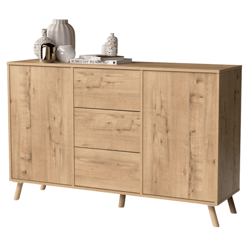 Aparador Oslo Carvalho Dourado com 3 Gavetas e 2 Portas com Portas e Gavetas de Abertura por Pressão, Carvalho Dourado, 140 cm Aparador Oslo Carvalho Dourado com 3 Gavetas e 2 Portas com Portas e Gavetas de Abertura por Pressão, Carvalho Dourado, 140 cm