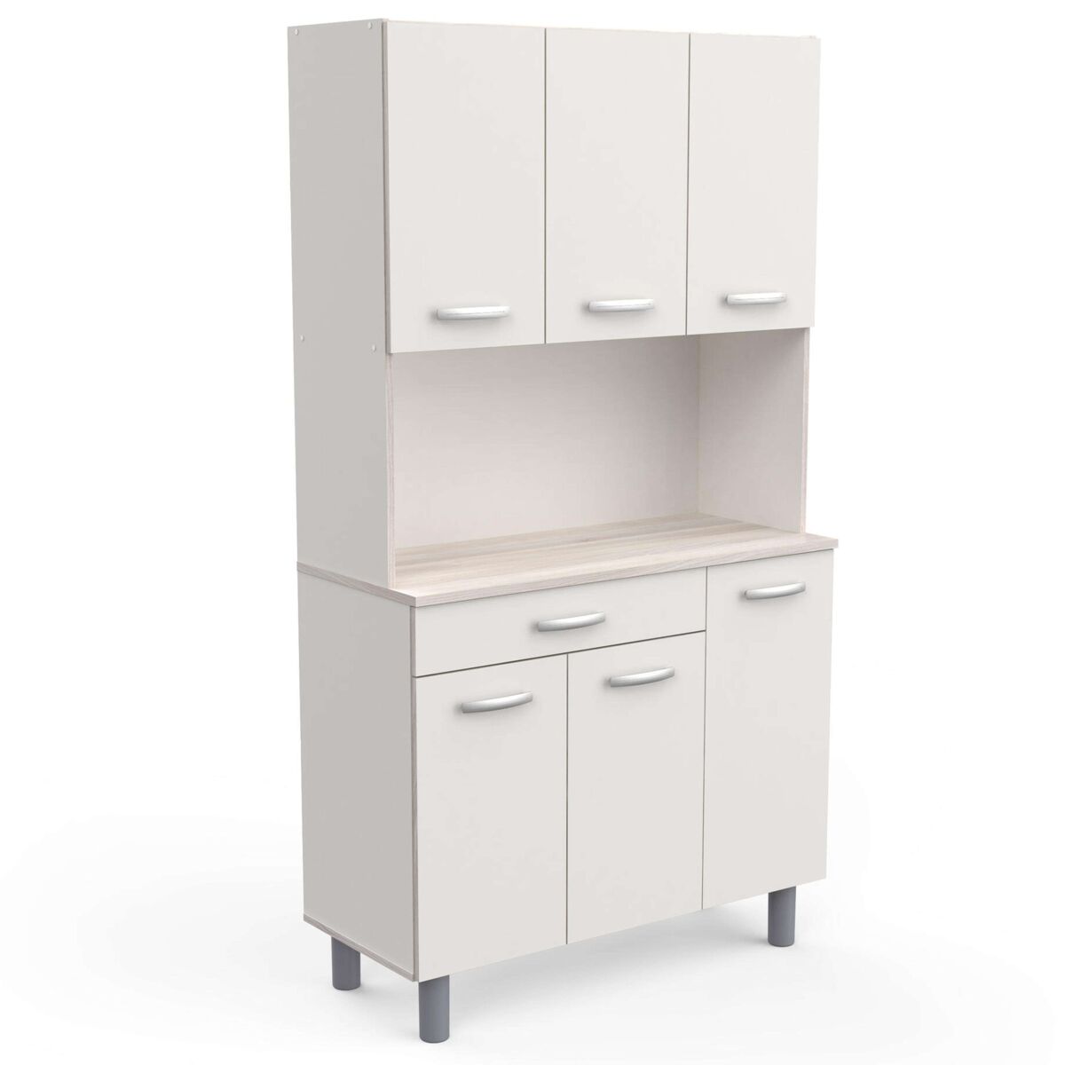 Mueble auxiliar cocina, armario cocina, alacena cocina buffet 6 puertas blanco y roble acacia 101x185 cm